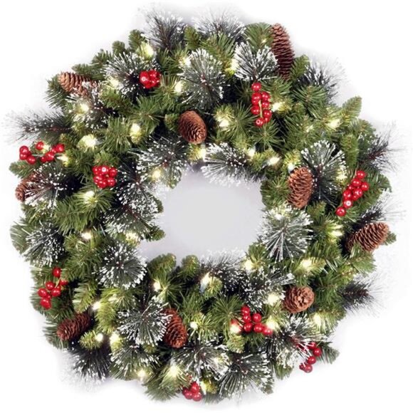 24 in Pre-Lit Crestwood Spruce Artificial Christmas Wreath - Picture 1 of 7